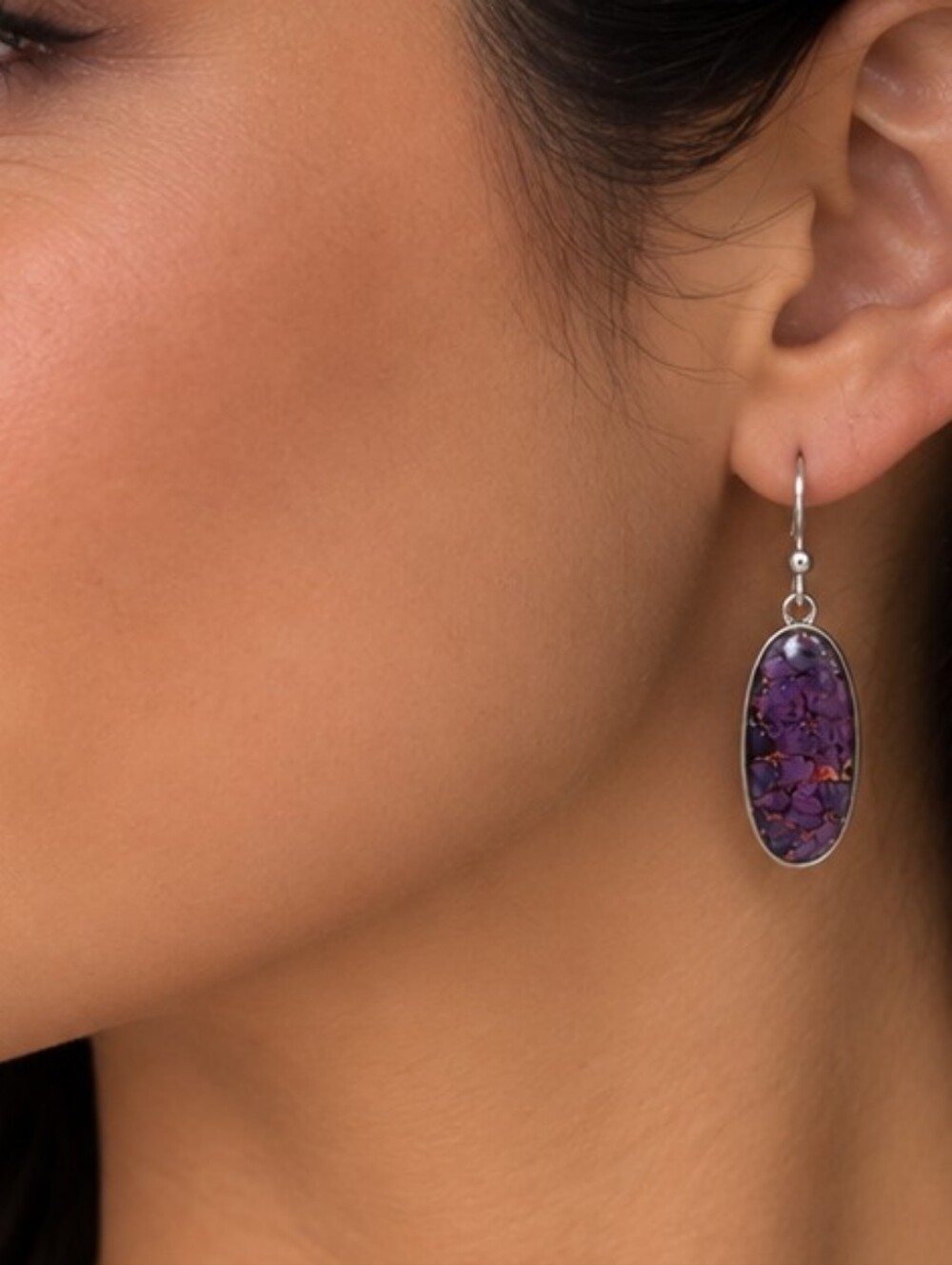 💎 Purple Marbled Mosaic Oval Drop Earrings Silver Tone Dangle Boho Artisan